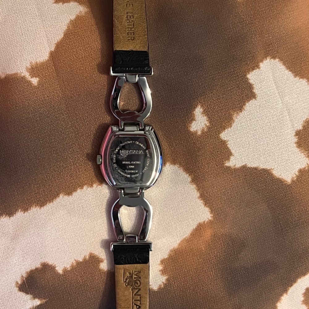 Montana Silversmith Watch. Genuine leather black band, silver horseshoes.